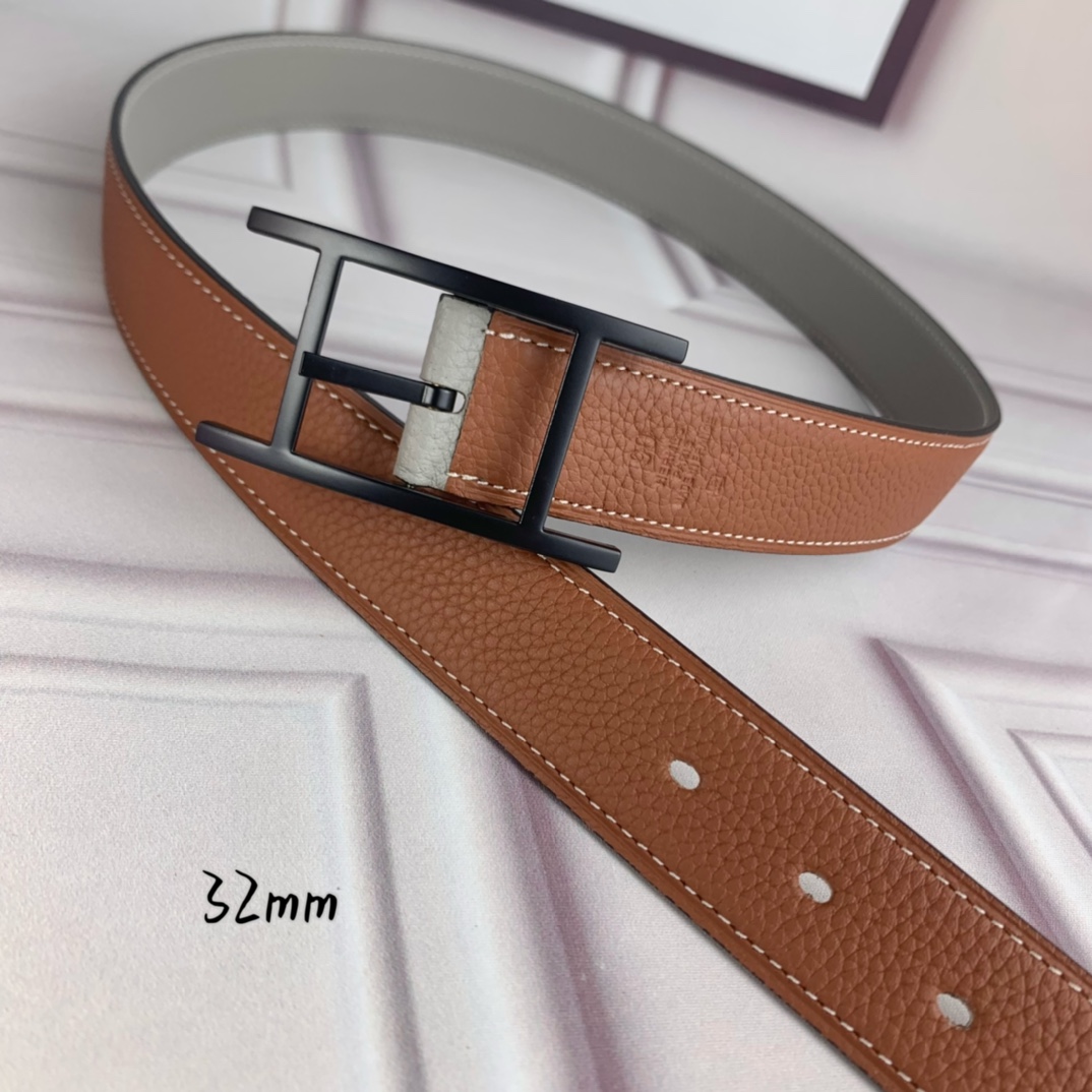 Hermès 爱马仕针扣皮带 原单品质 双面荔枝纹 土黄+灰 32mm宽 双面可用 配官网H哑黑扣