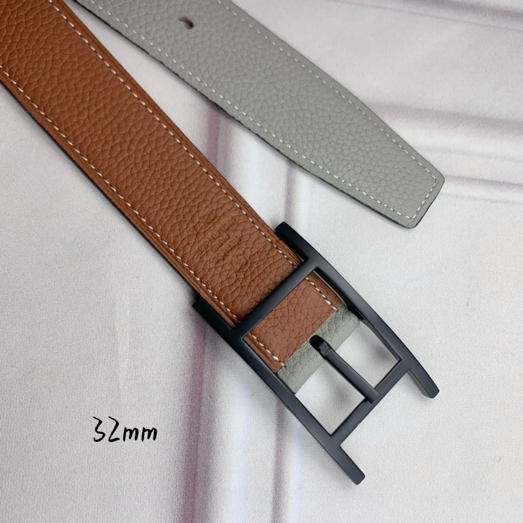 Hermès 爱马仕针扣皮带 原单品质 双面荔枝纹 土黄+灰 32mm宽 双面可用 配官网H哑黑扣