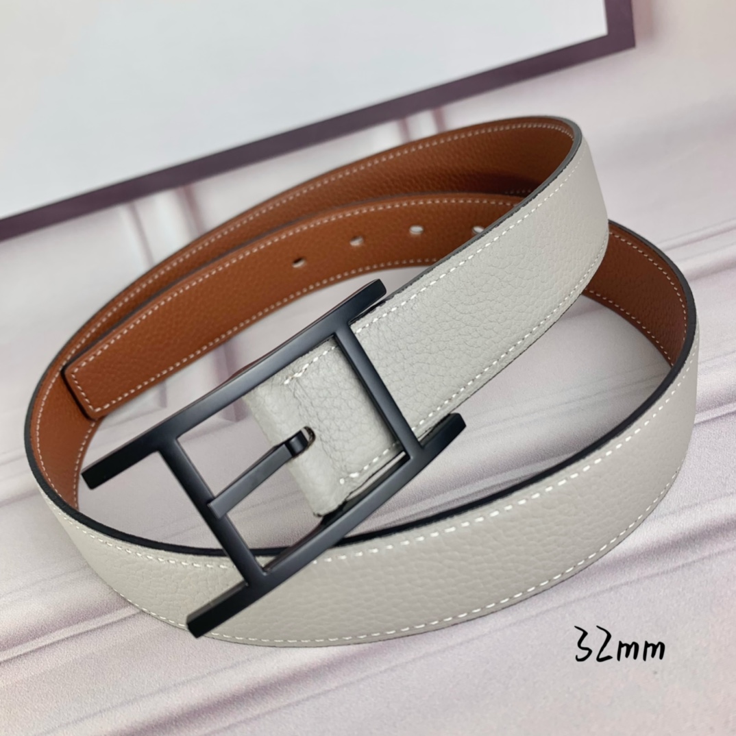 Hermès 爱马仕针扣皮带 原单品质 双面荔枝纹 土黄+灰 32mm宽 双面可用 配官网H哑黑扣