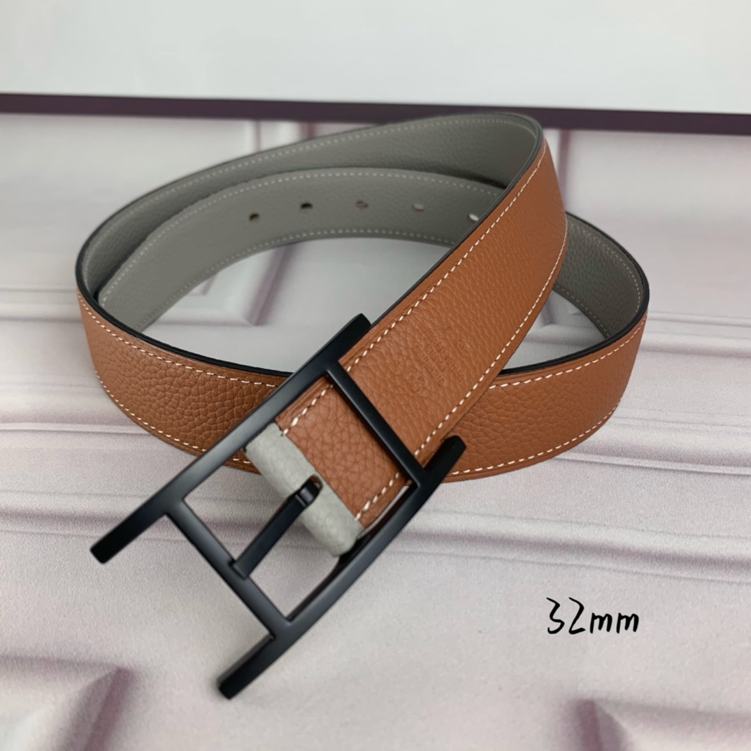 Hermès 爱马仕针扣皮带 原单品质 双面荔枝纹 土黄+灰 32mm宽 双面可用 配官网H哑黑扣
