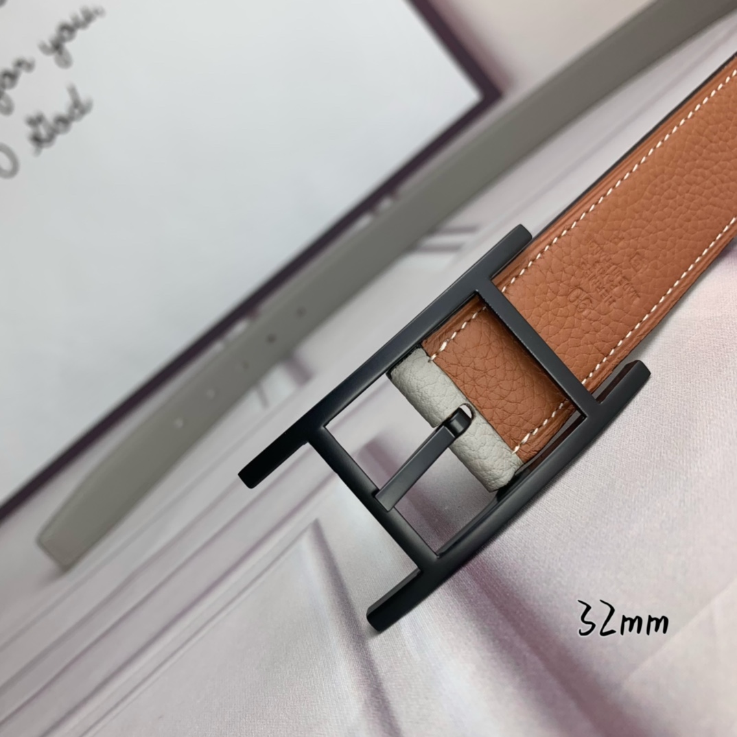 Hermès 爱马仕针扣皮带 原单品质 双面荔枝纹 土黄+灰 32mm宽 双面可用 配官网H哑黑扣