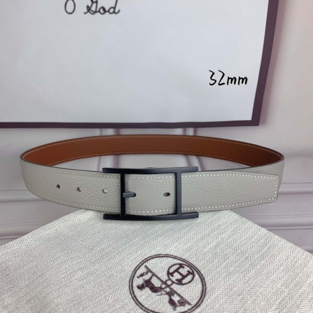 Hermès 爱马仕针扣皮带 原单品质 双面荔枝纹 土黄+灰 32mm宽 双面可用 配官网H哑黑扣