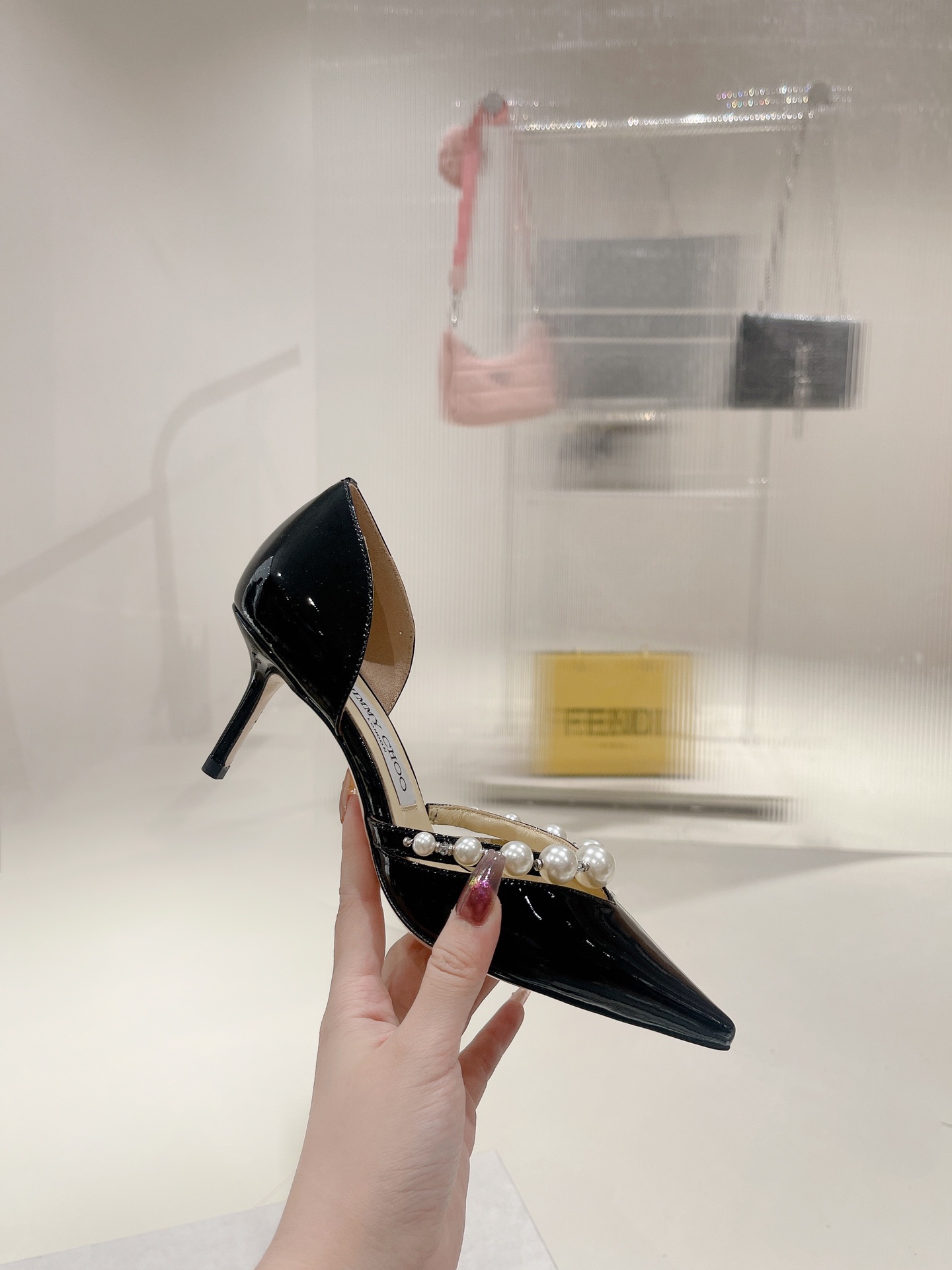 JIMMY CHOO 하이힐 뾰족코 펌프스 크리스털 스트랩 + 수입 양가죽 풀그레인 크리스털 양가죽
