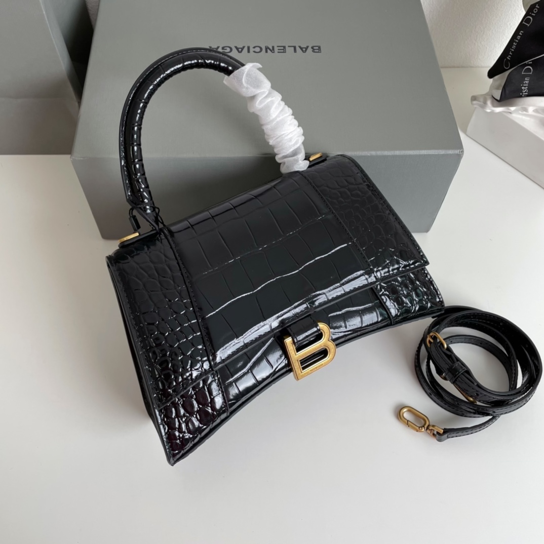 巴黎世家Balenciaga年度重磅Hourglass沙漏包鳄鱼黑/金扣现货一眼万年的经典爆款黄金S号2