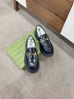 Gucci Buy Loafers Single Layer Shoes Blue Rose Embroidery Genuine Leather Rubber Sheepskin Vintage