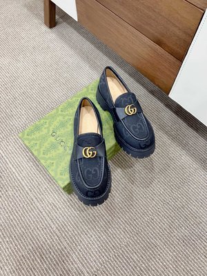 Gucci Loafers Single Layer Shoes Blue Rose Embroidery Genuine Leather Rubber Sheepskin Vintage
