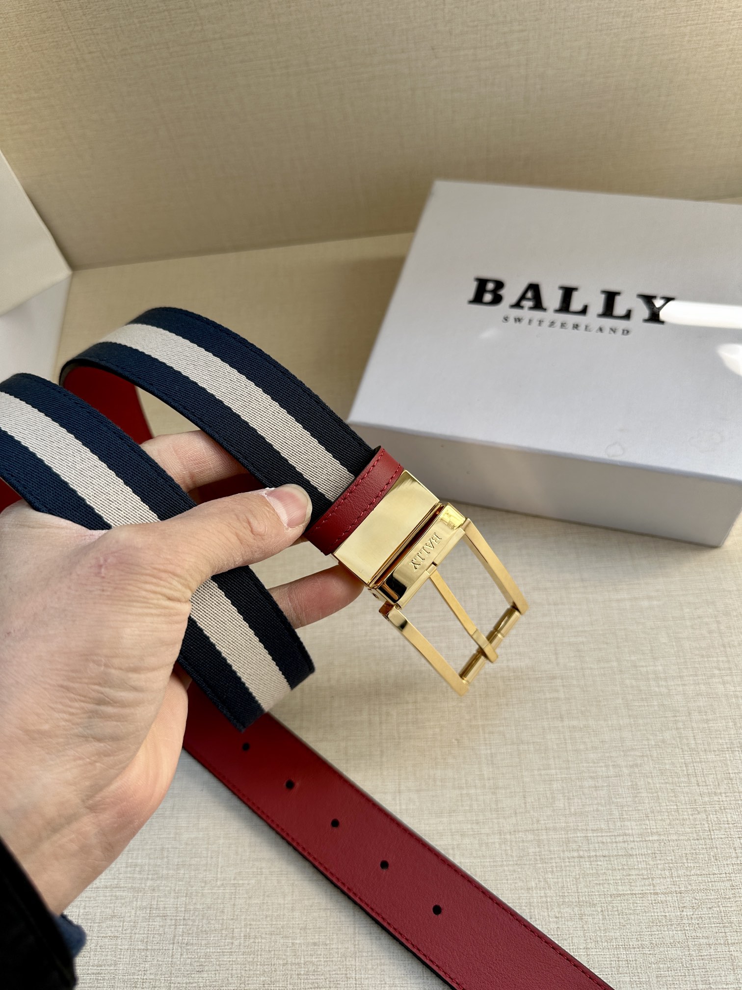 巴利BALLY男士休闲布配皮双用腰带