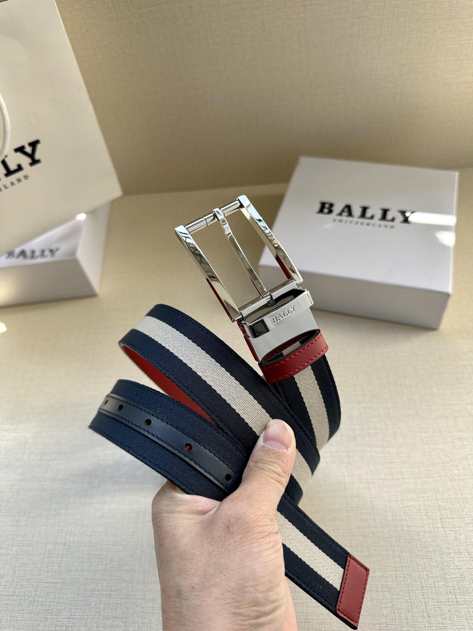 巴利BALLY男士休闲布配皮双用腰带