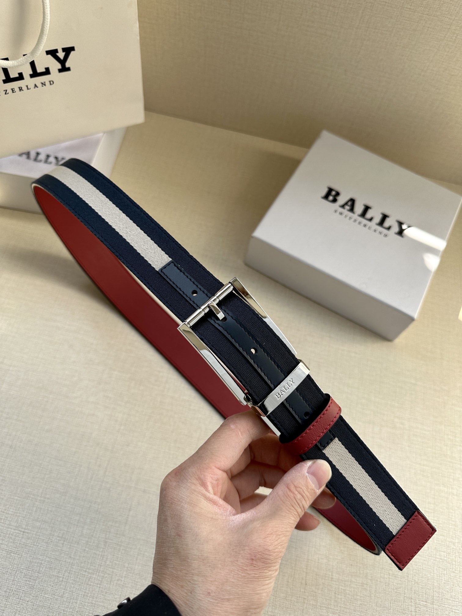 巴利BALLY男士休闲布配皮双用腰带