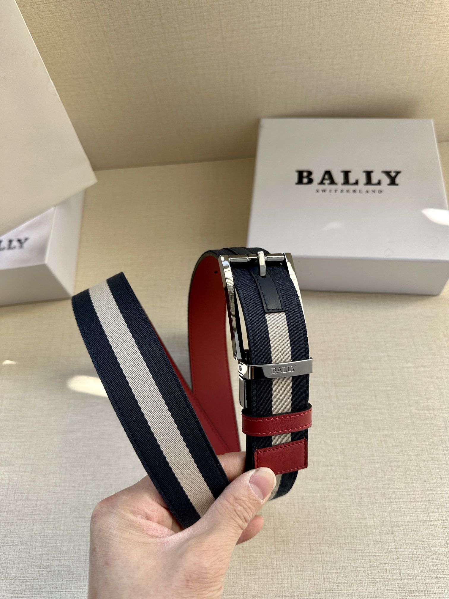 巴利BALLY男士休闲布配皮双用腰带