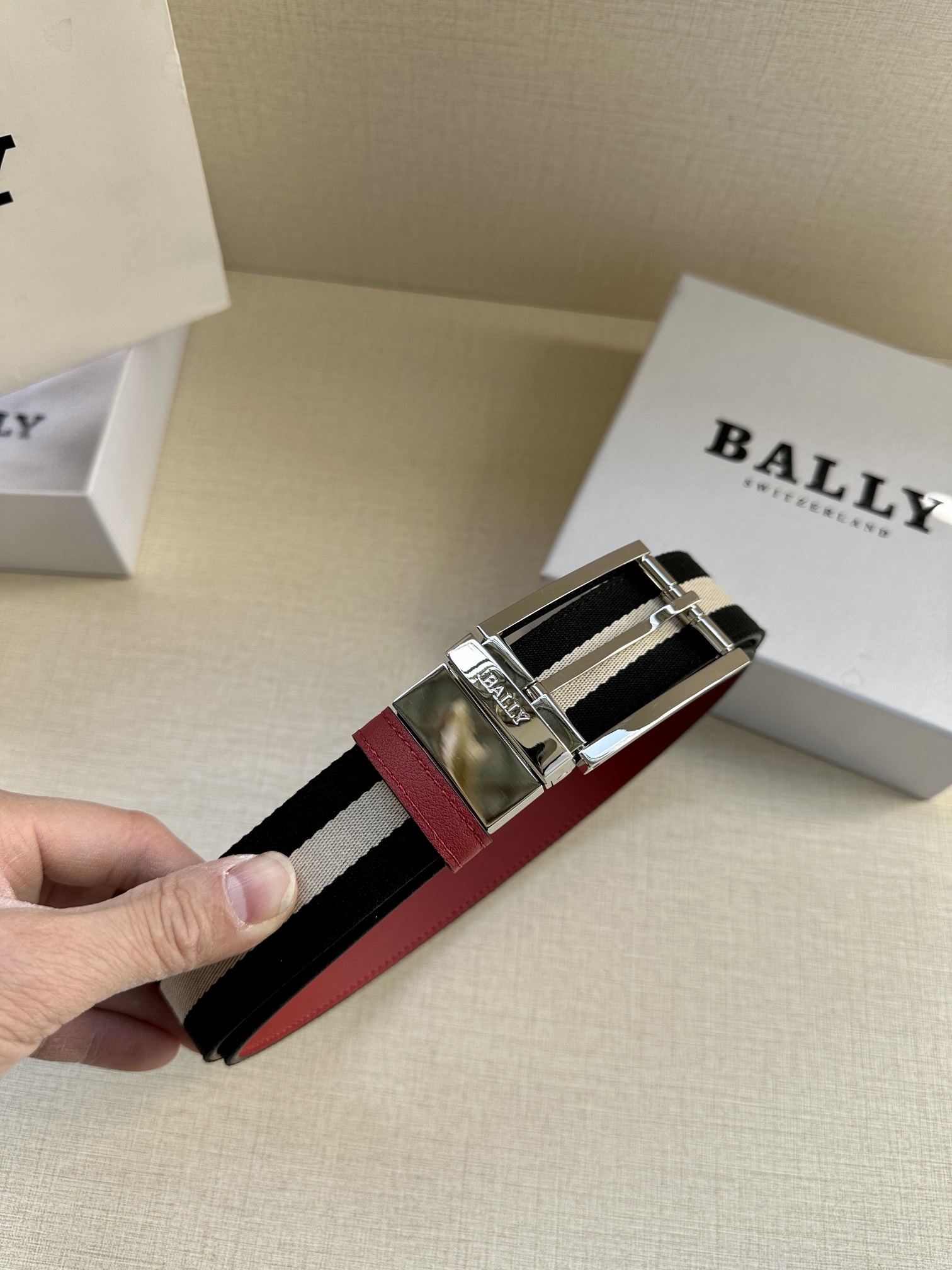 巴利BALLY男士休闲布配皮双用腰带