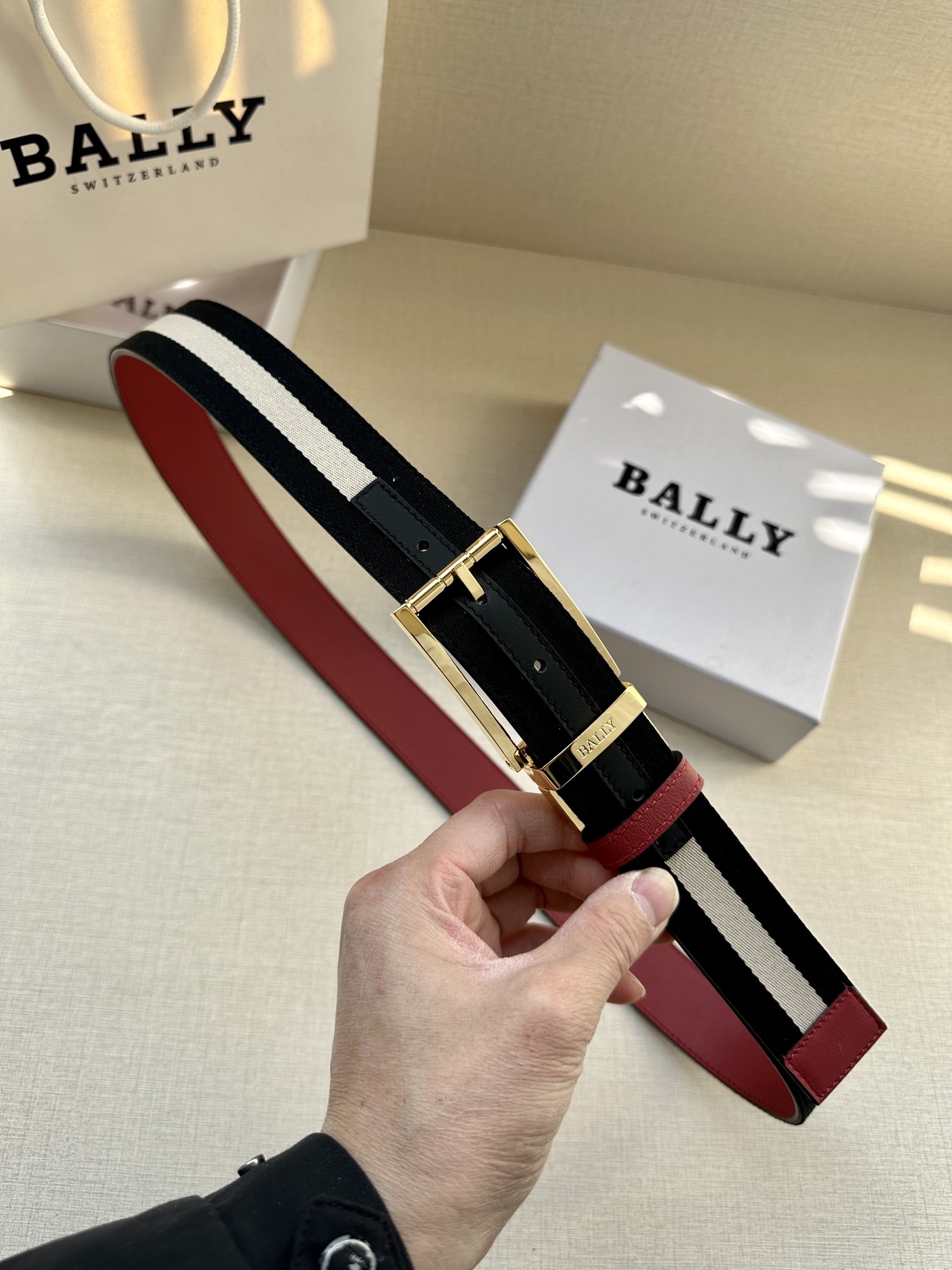 巴利BALLY男士休闲布配皮双用腰带