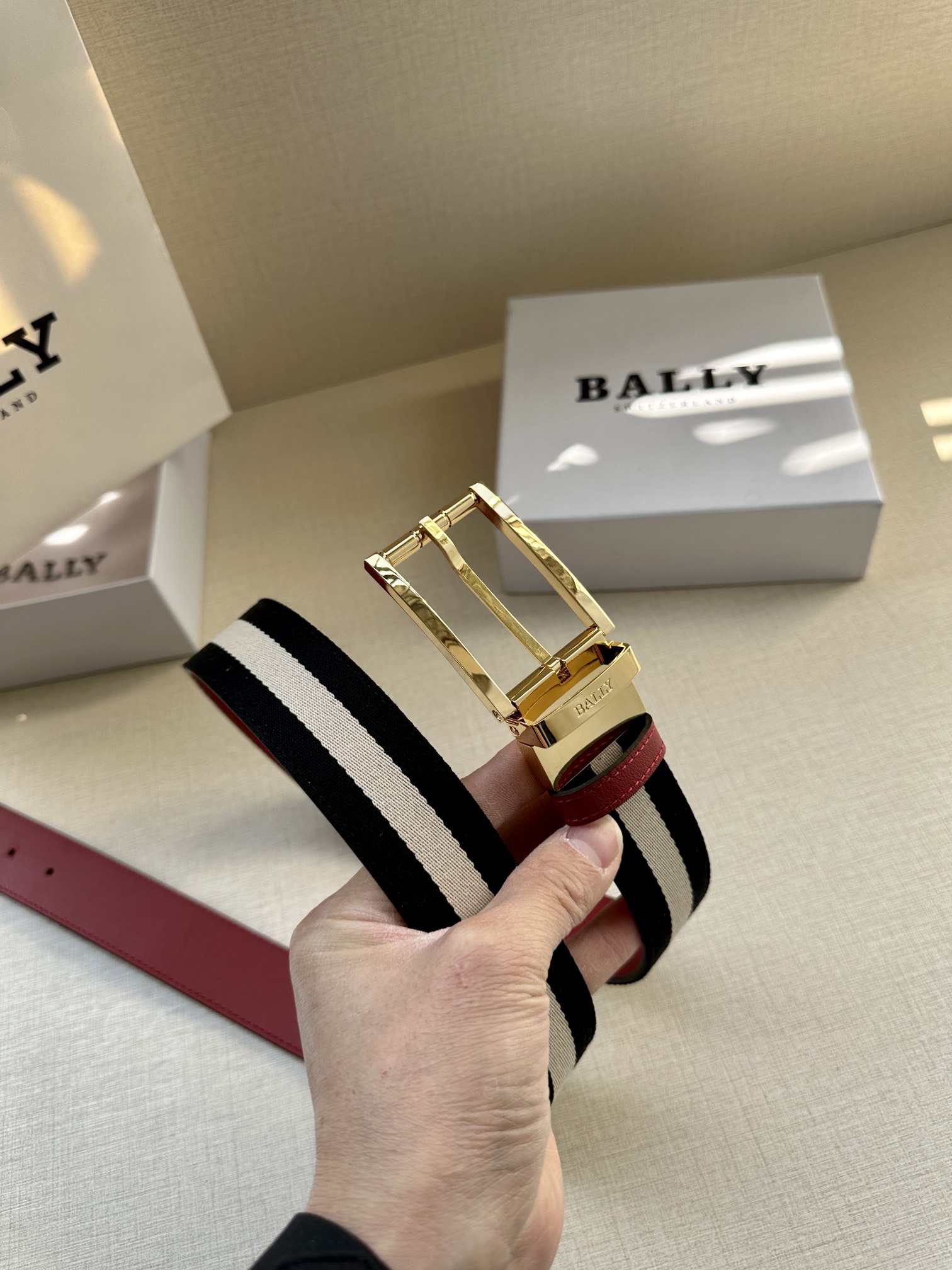 巴利BALLY男士休闲布配皮双用腰带