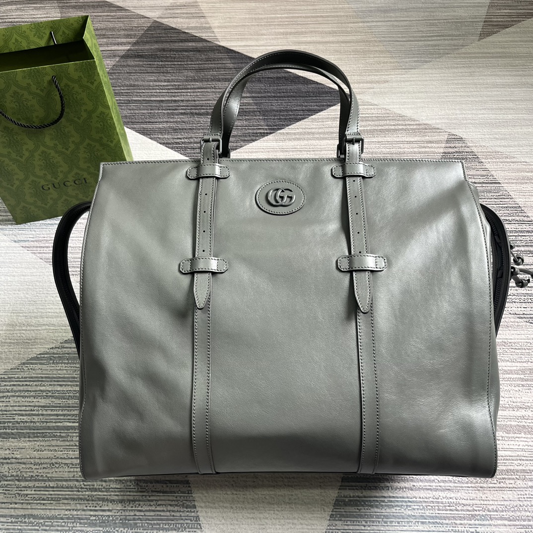 GUCCI 灰色皮革 托特包 旅行包 雙G琺瑯