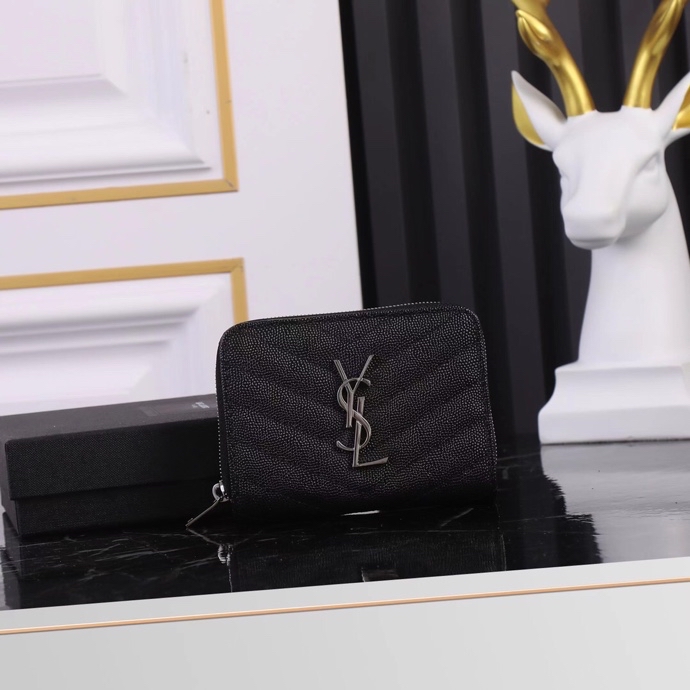 Luxury YSL Short Round Zipper Black Leather Cabinet Pack with Gold Link.