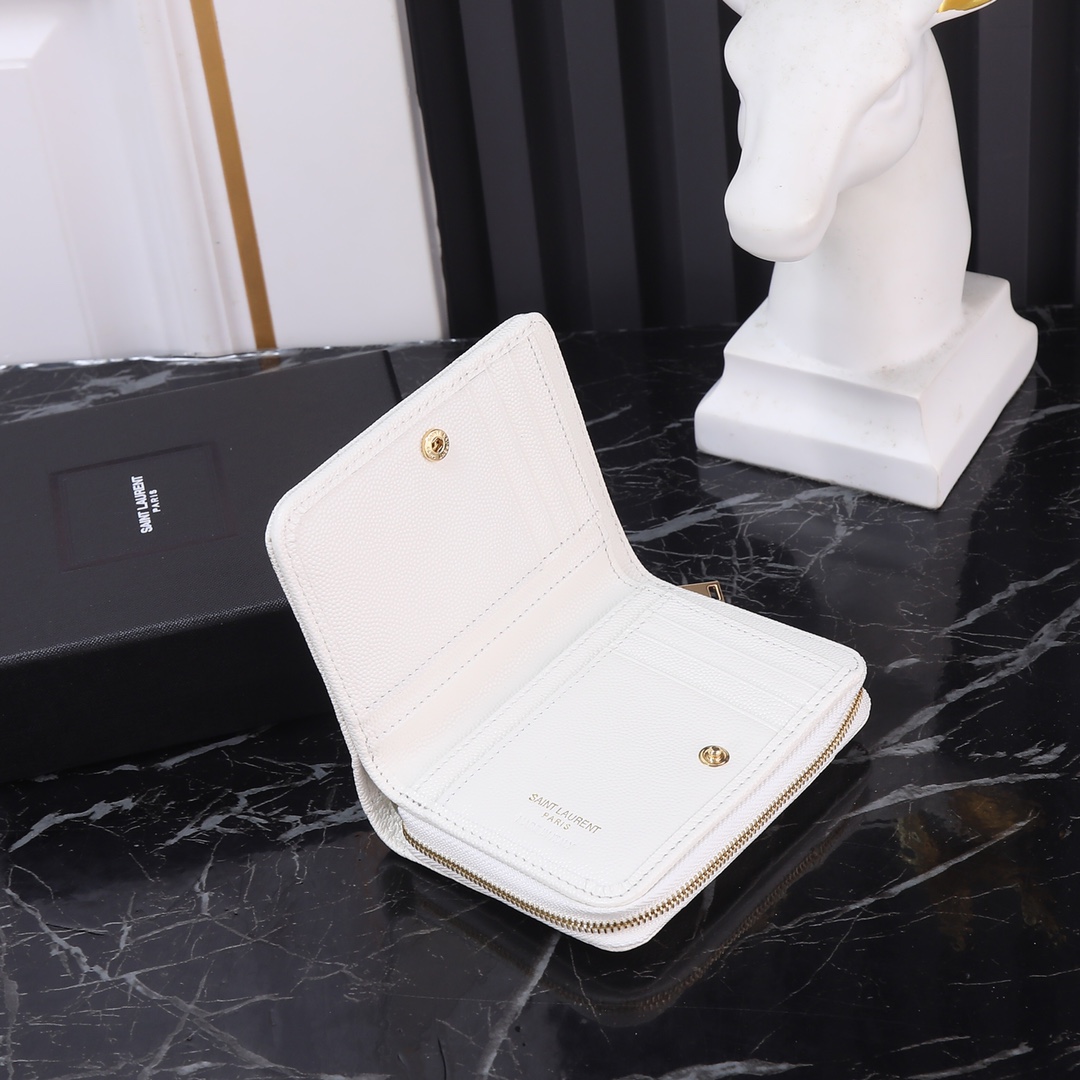 Luxury YSL Leather SLP Short Round Zipper Wallet with Gold Link Detail - 图片 7