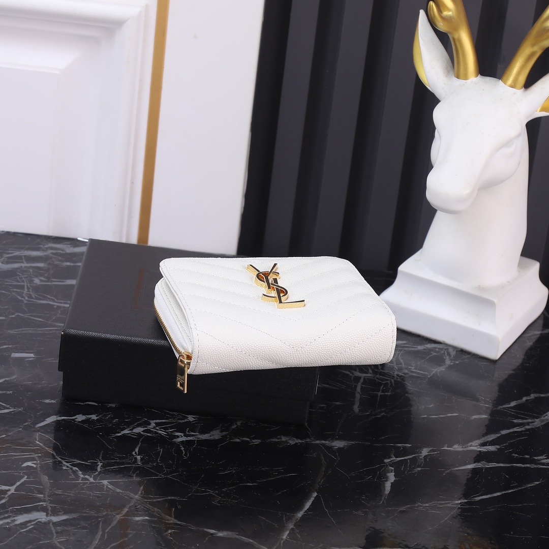 Luxury YSL Leather SLP Short Round Zipper Wallet with Gold Link Detail - 图片 4