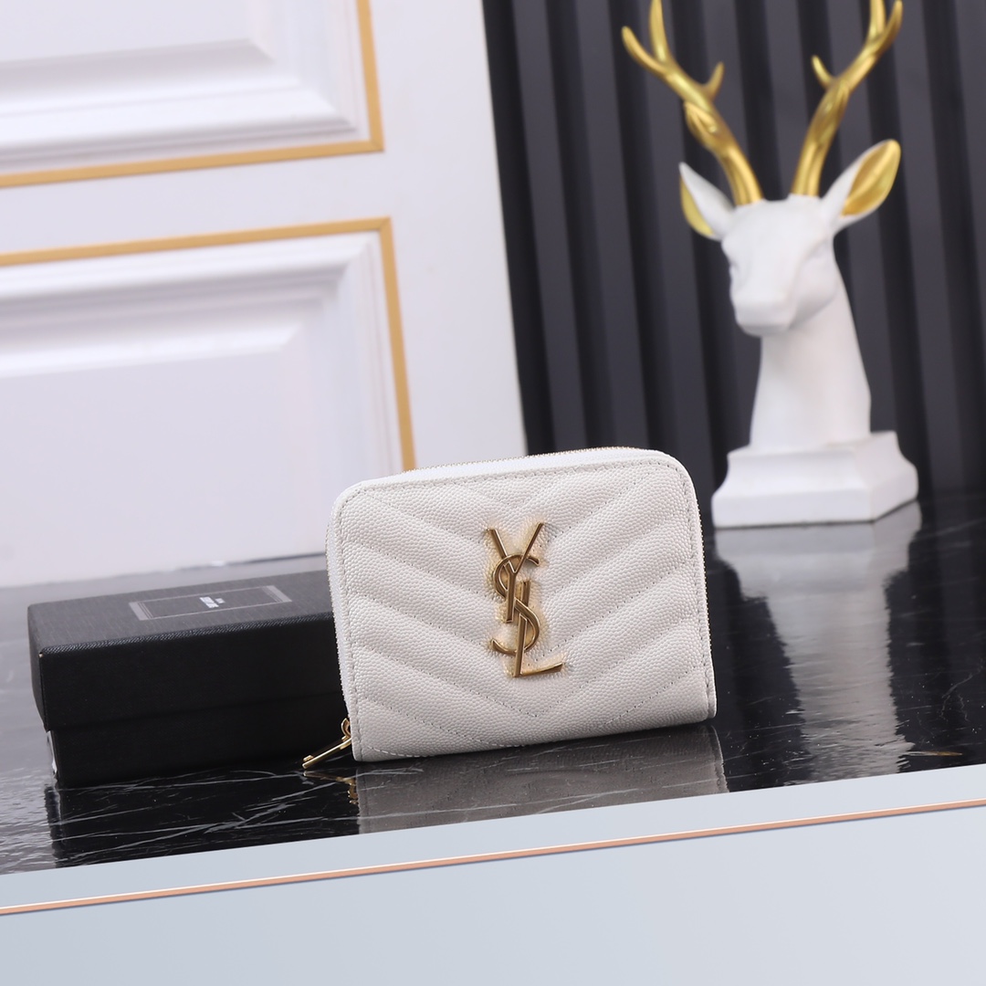 Luxury YSL Leather SLP Short Round Zipper Wallet with Gold Link Detail - 图片 1