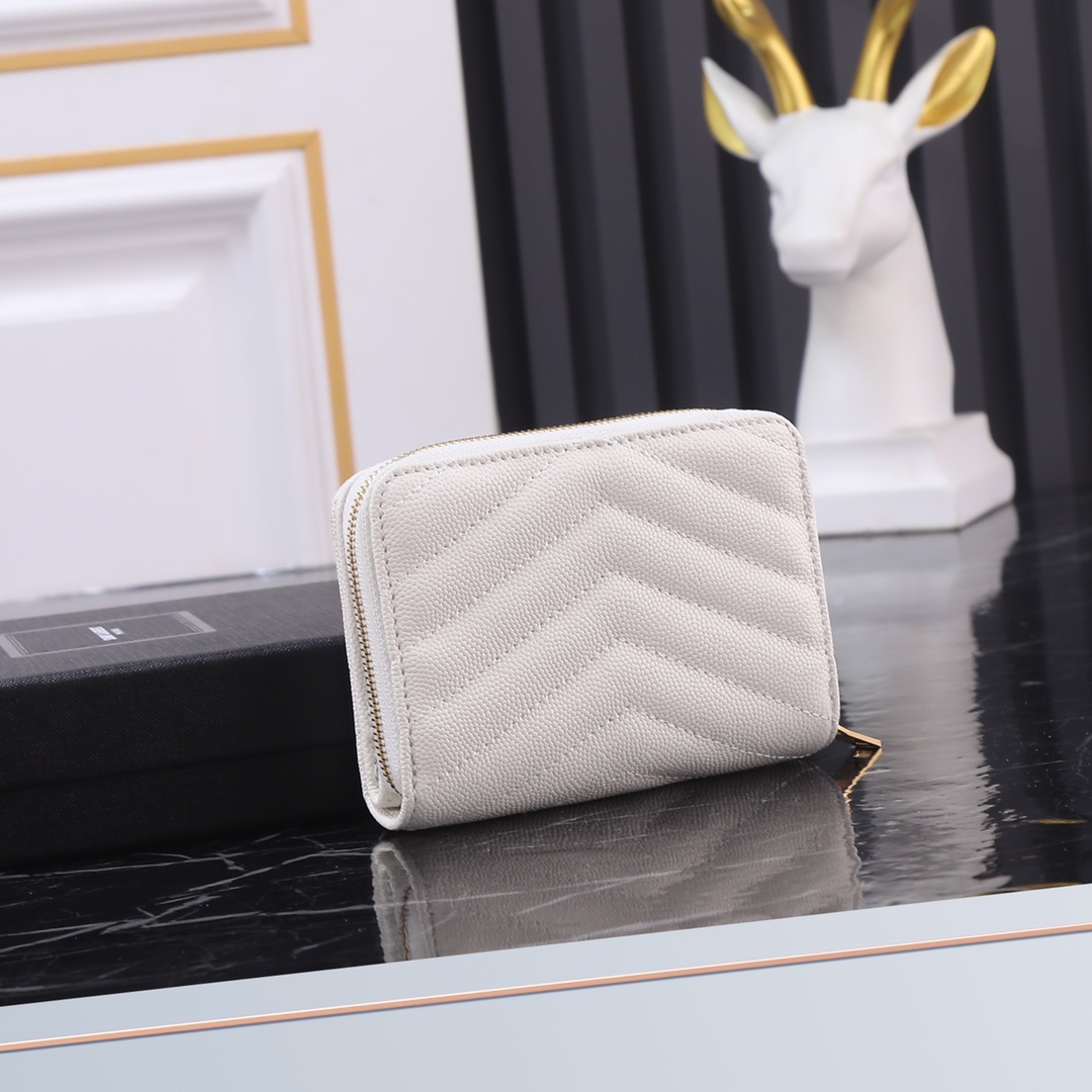Luxury YSL Leather SLP Short Round Zipper Wallet with Gold Link Detail - 图片 2