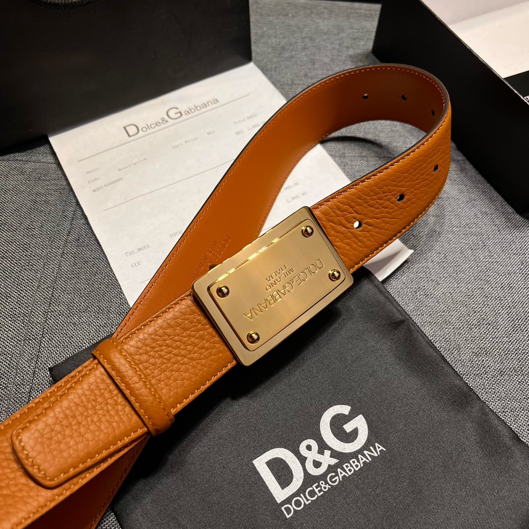 DG宽4.0cmDolce&Gabbana新款进口荔枝纹牛皮Lux鞍皮腰带雅致配饰搭配双电镀标牌