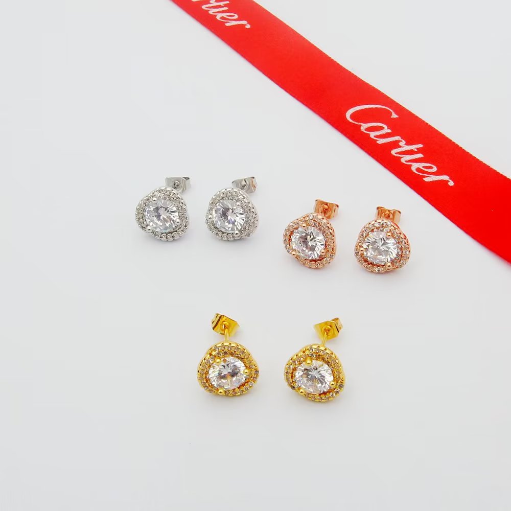Cartier Trinity Halo Diamond Jewelry Set necklace earrings yellow gold with clear faceted stones white gold with clear faceted stones rose gold with clear faceted stones 16 inch chain length standard stud earring size