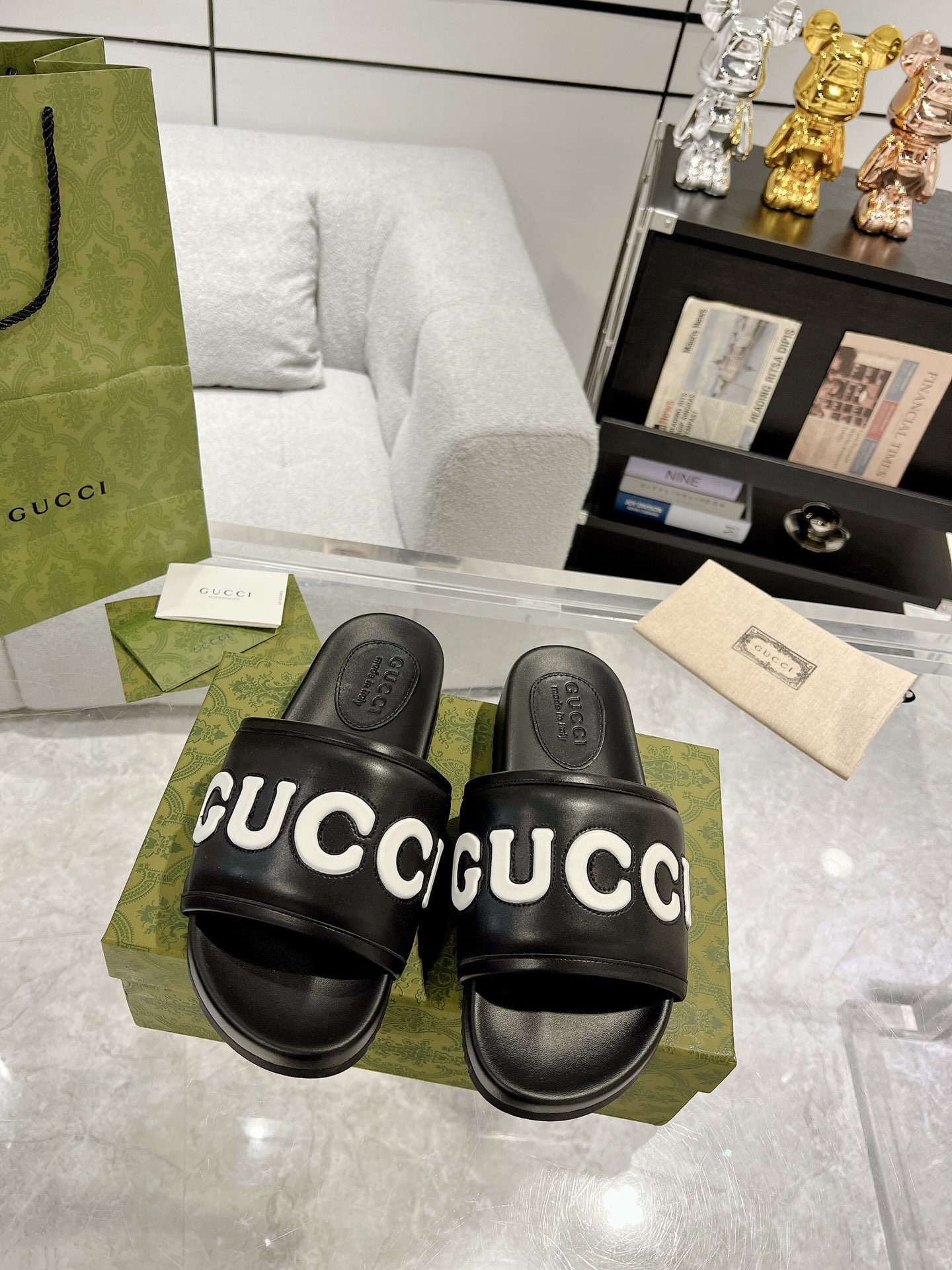 Gucci Buty Letnie kapcie Czarny Biały Unisex Płótno Skóra krowia TPU