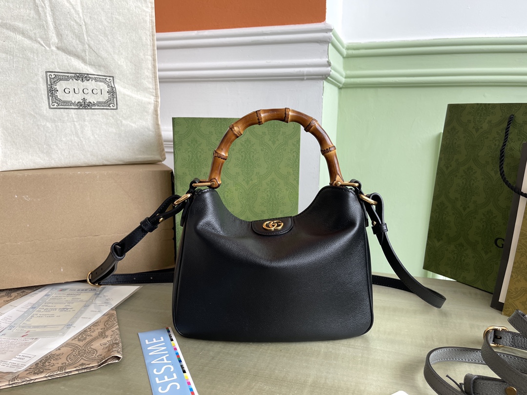 GUCCI Diana bamboo handle black leather bag shoulder strap
