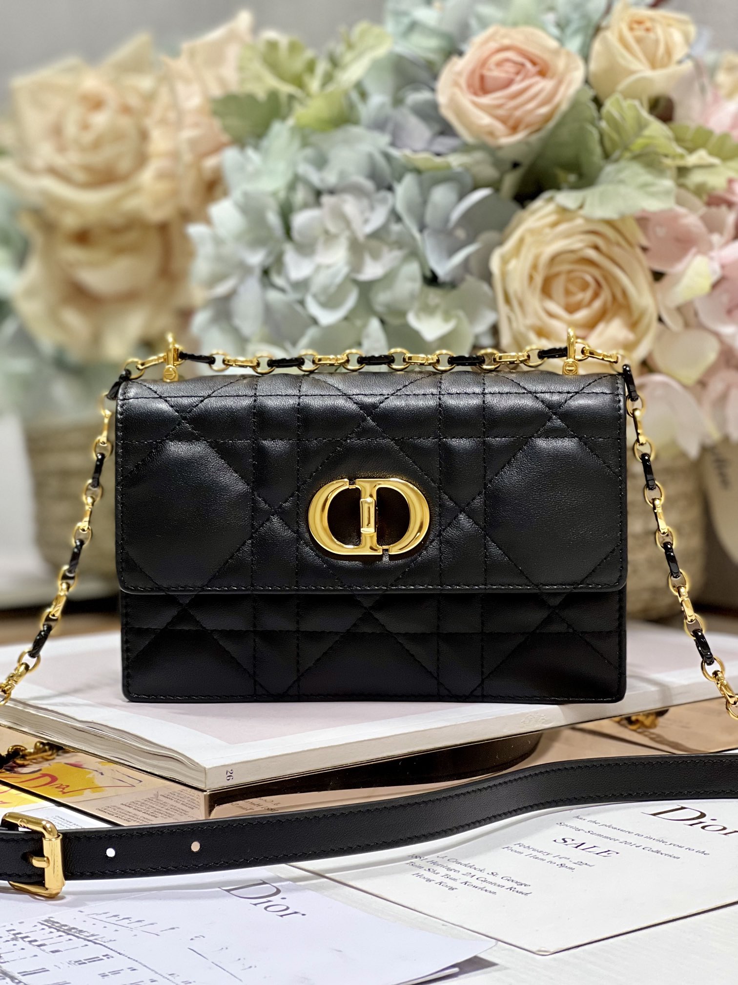 Dior Miss Caro 迷你手袋 黑色 羊皮革 藤格纹 链条