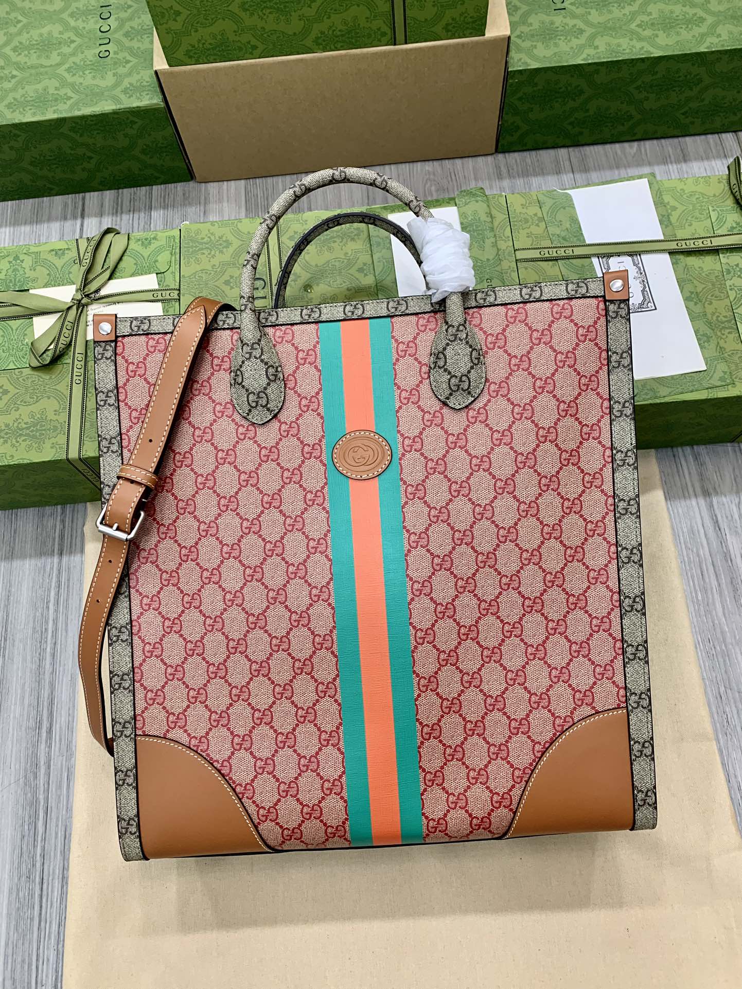 GUCCI 條紋織帶 雙G圖案 手提托特包