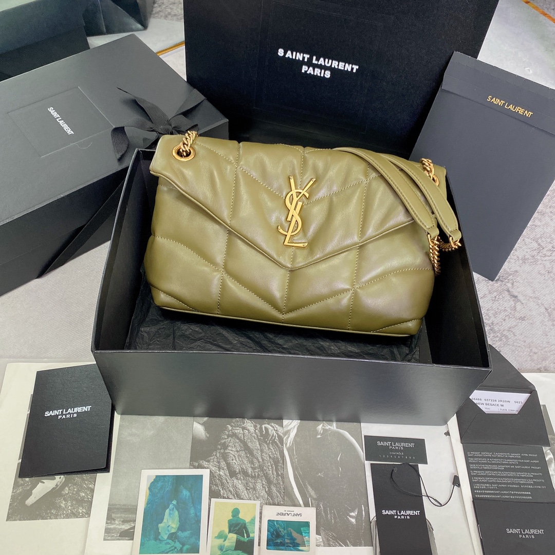 Yves Saint Laurent Olive Green Puffer Shoulder Bag with Gold Hardware 1 i1685109761 2537 0