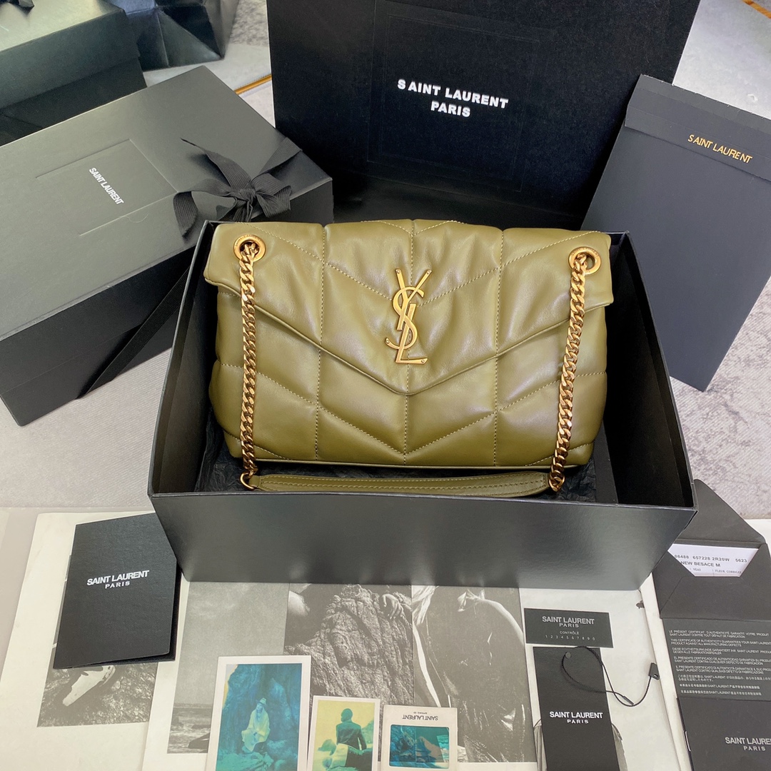 Yves Saint Laurent Olive Green Puffer Shoulder Bag with Gold Hardware 9 i1685109761 5347 2