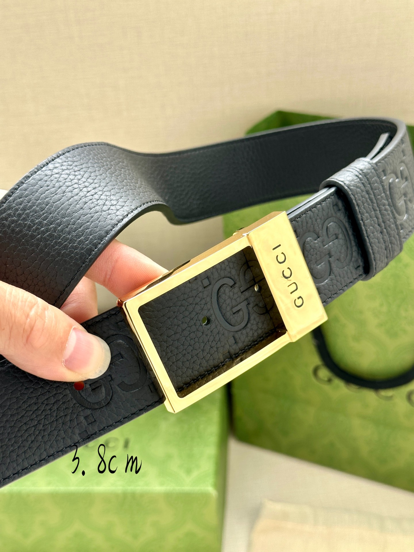 宽度3.8cm GUCCI 黑色皮革腰带饰有GG字母交织图案