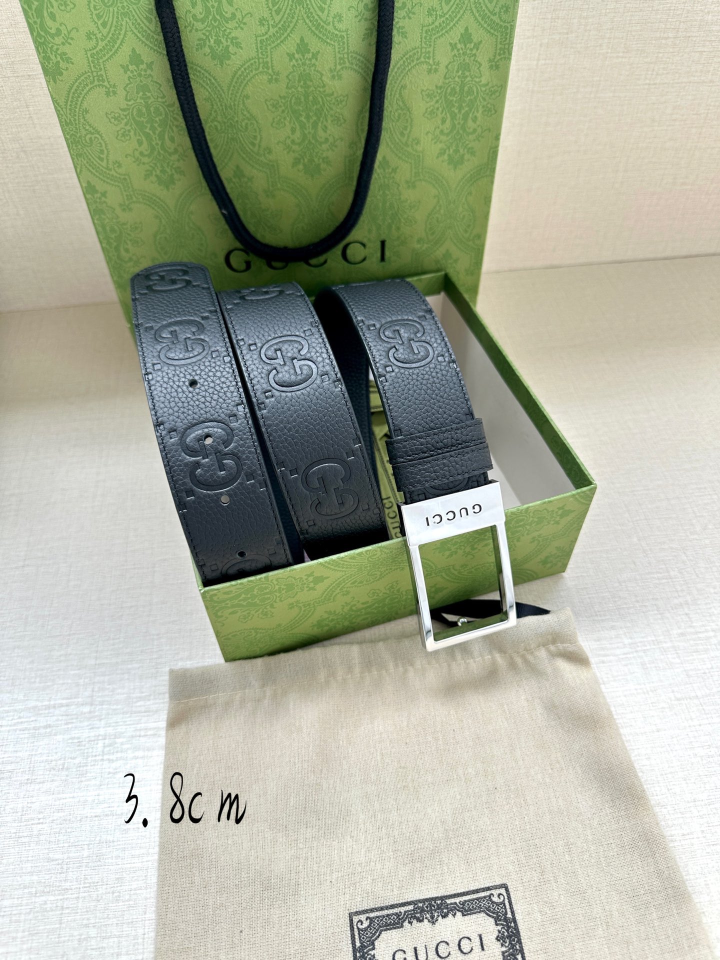 宽度3.8cm GUCCI 黑色皮革腰带饰有GG字母交织图案