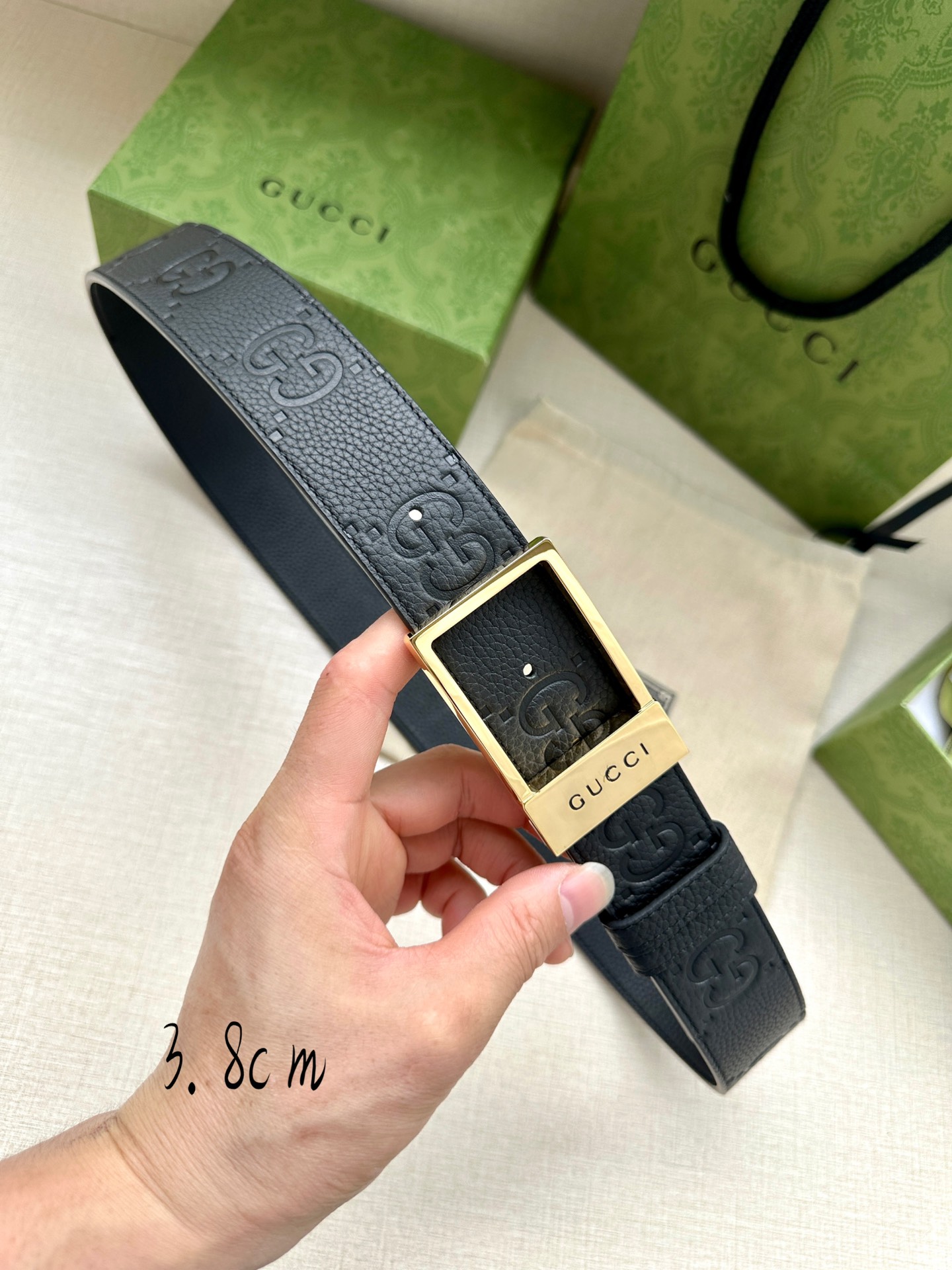 宽度3.8cm GUCCI 黑色皮革腰带饰有GG字母交织图案