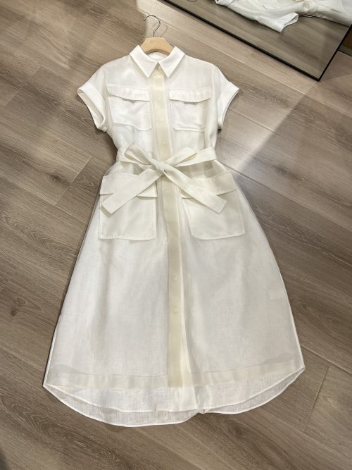Brunello Cucinelli White Silk Organza & Linen Midi Shirt Dress with Pockets 1 Brunello Cucinelli White Silk Organza & Linen Midi Shirt Dress with Pockets