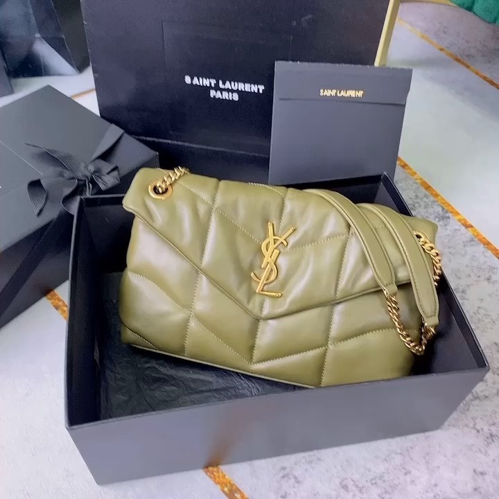 Yves Saint Laurent LouLou Puffer Bag, Olive Green, Gold Hardware, 29cm
