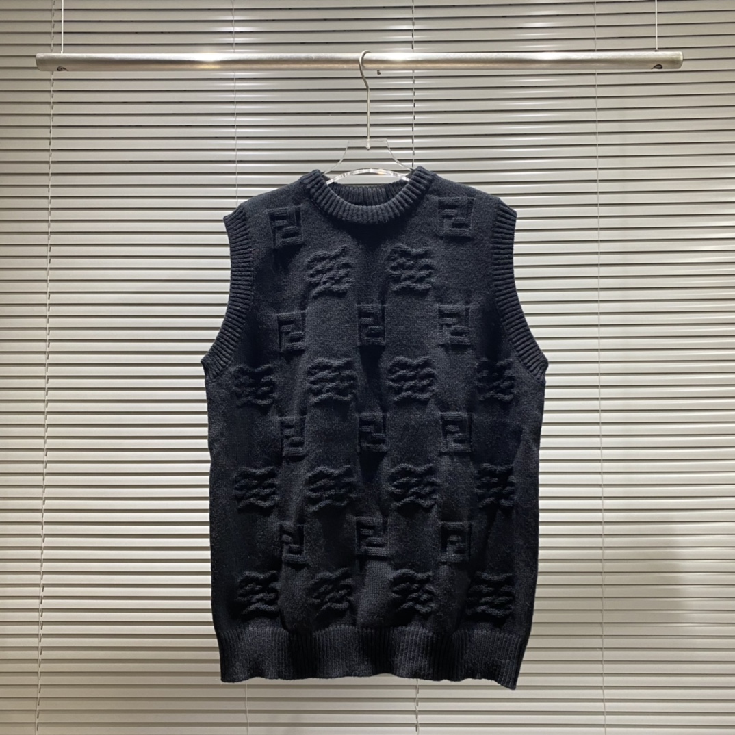 Chaleco de punto de cuello redondo con doble F en patrón oscuro FD Fendi, colores: negro, blanco, tallas: S M…