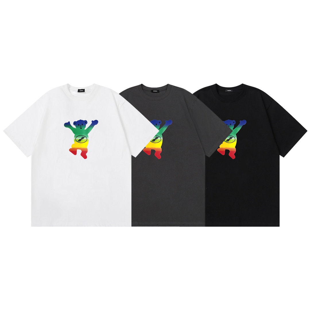 W093# WE11DONE nuevo oso colorido estampado manga corta camiseta holgada para parejas 230g algodón puro, corte holgado!…