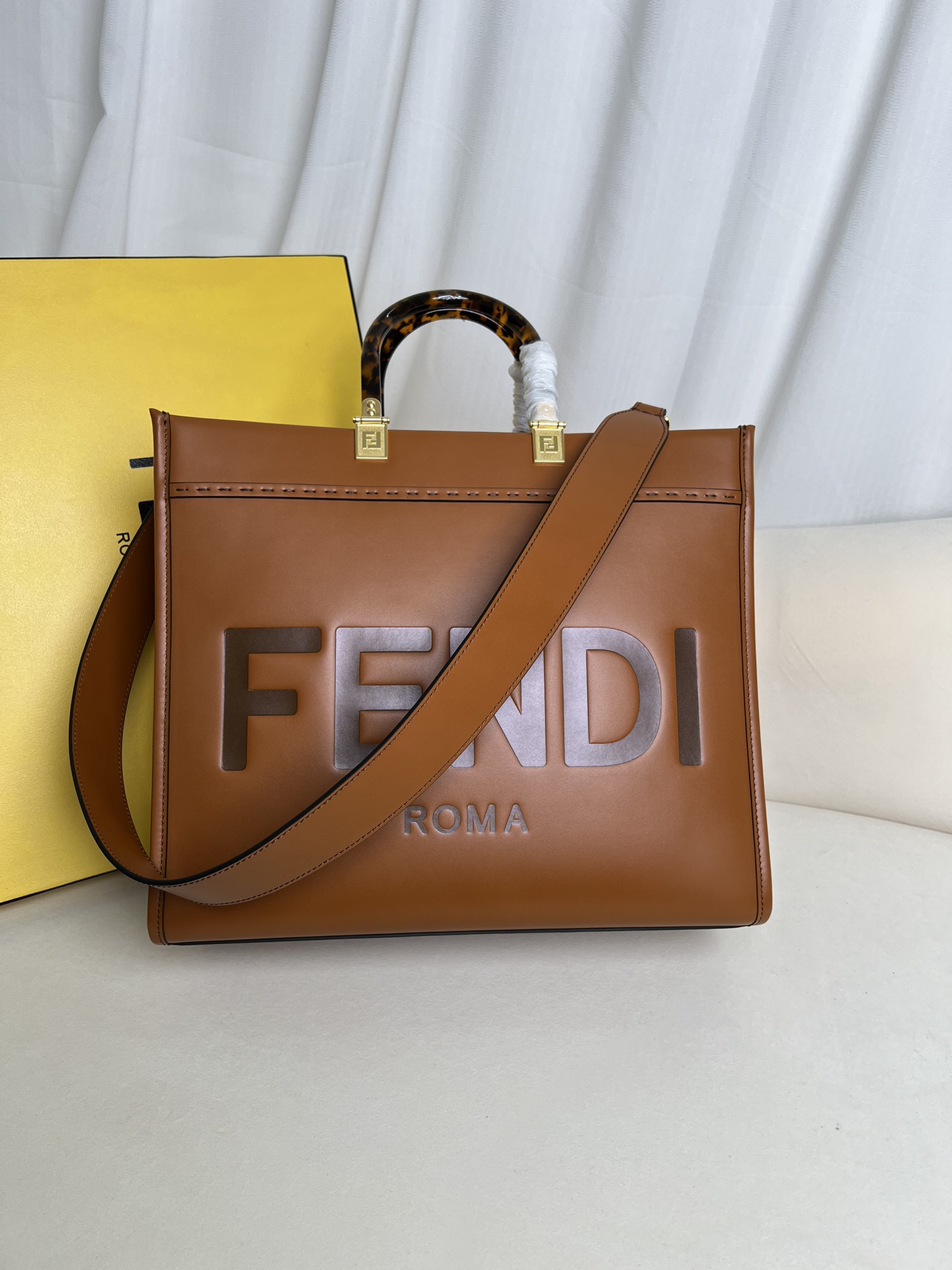 Fendi Sunshine Medium Brown Leather Tote Bag with Tortoiseshell Handles 2 i1685169288 6833 0