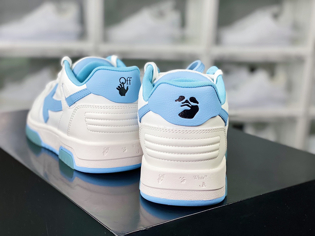 Virgil Abloh Out Of Office Low-top Leather Sneakers ”OOO” series low-top sneakers ”Leather White North Carolina Blue Arrow” OMIA189F22LEA0010156