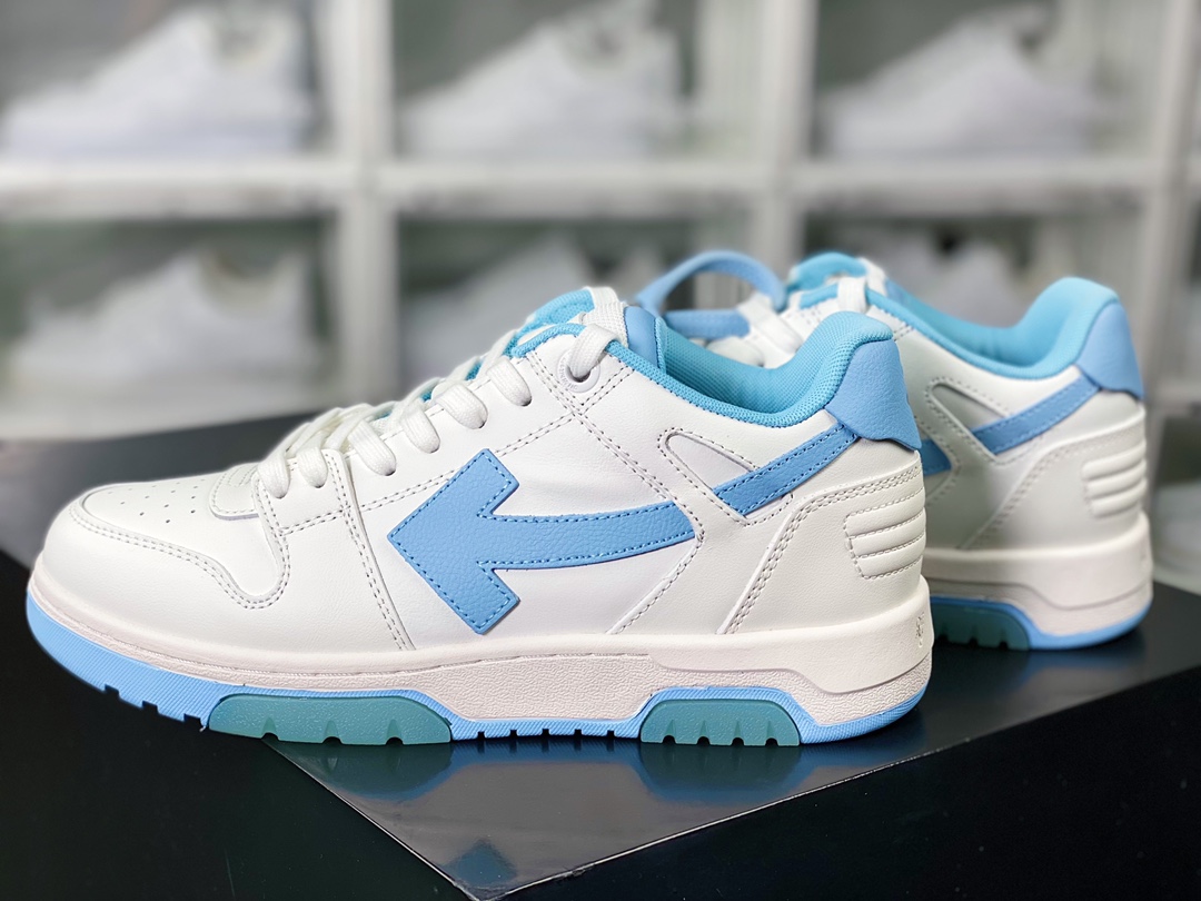 Virgil Abloh Out Of Office Low-top Leather Sneakers ”OOO” series low-top sneakers ”Leather White North Carolina Blue Arrow” OMIA189F22LEA0010156