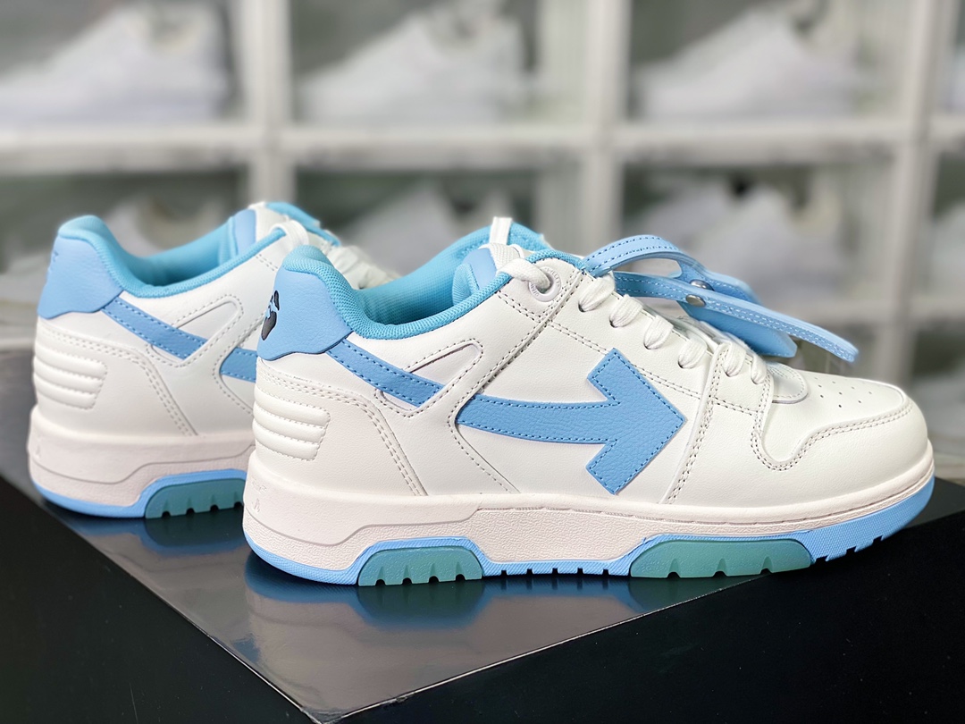 Virgil Abloh Out Of Office Low-top Leather Sneakers ”OOO” series low-top sneakers ”Leather White North Carolina Blue Arrow” OMIA189F22LEA0010156