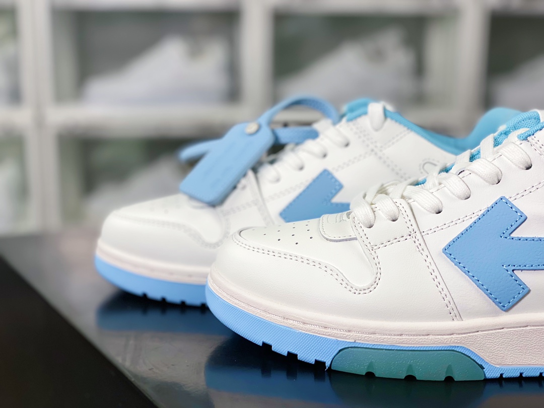 Virgil Abloh Out Of Office Low-top Leather Sneakers ”OOO” series low-top sneakers ”Leather White North Carolina Blue Arrow” OMIA189F22LEA0010156