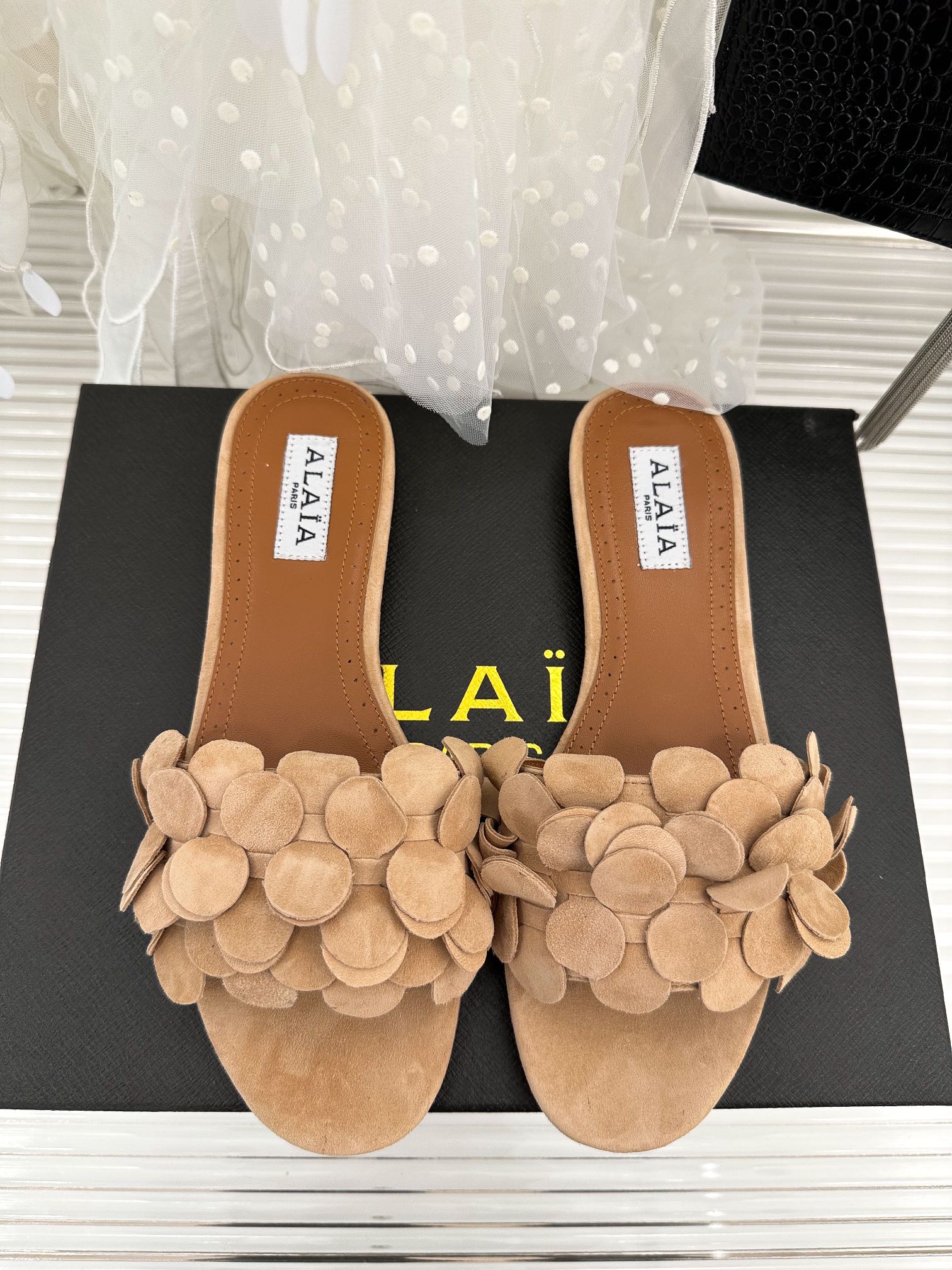 Alaia23春夏圆片缀饰拼接圆头平