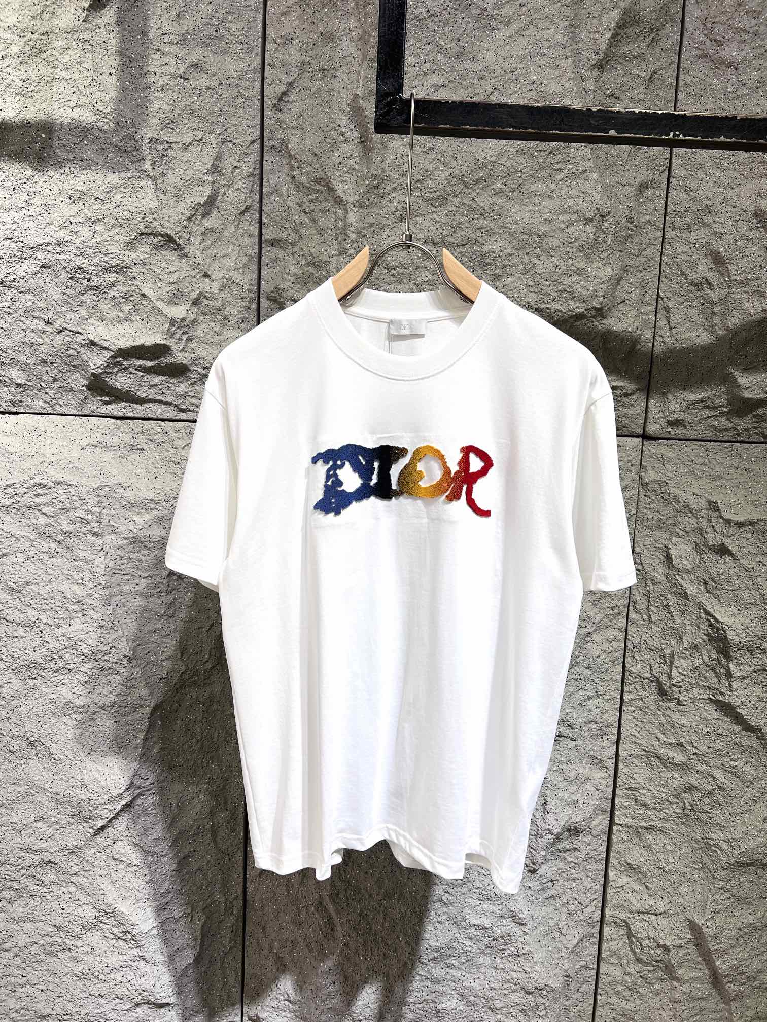 Best Wholesale Replica
 Dior Clothing T-Shirt Black White Embroidery Unisex Cotton Spring/Summer Collection Fashion Short Sleeve