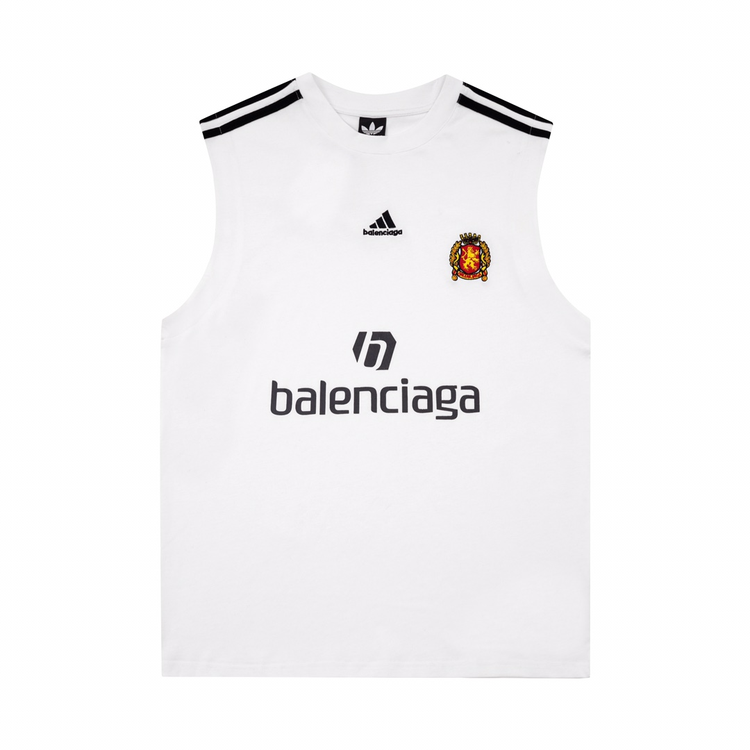 BALENCIAGA 2023 阿迪联名系列背心 LOGO刺绣圆领宽松OS短袖T恤 肩位经典三杆织带