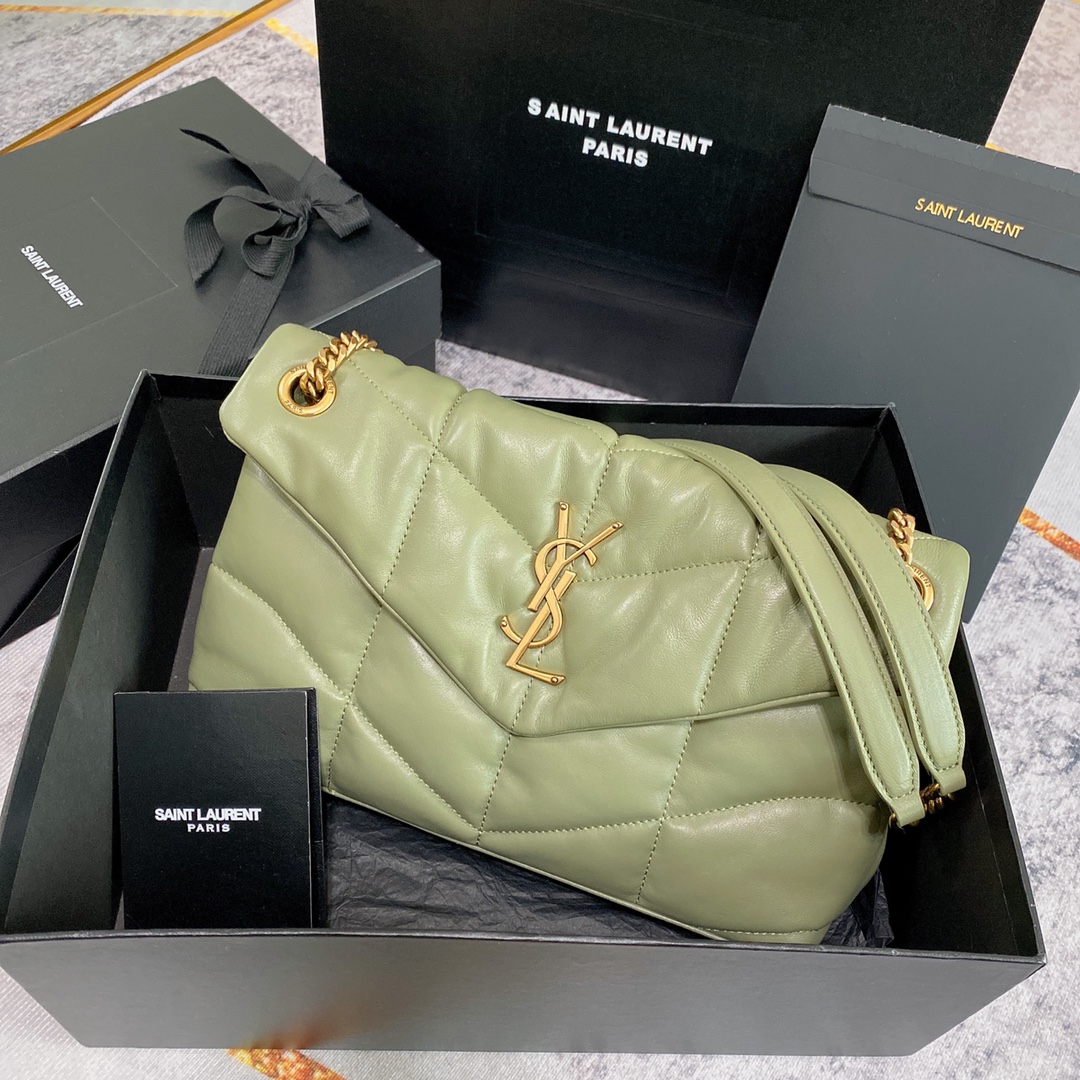 Yves Saint Laurent Loulou Puffer Medium Olive Green Leather Shoulder Bag