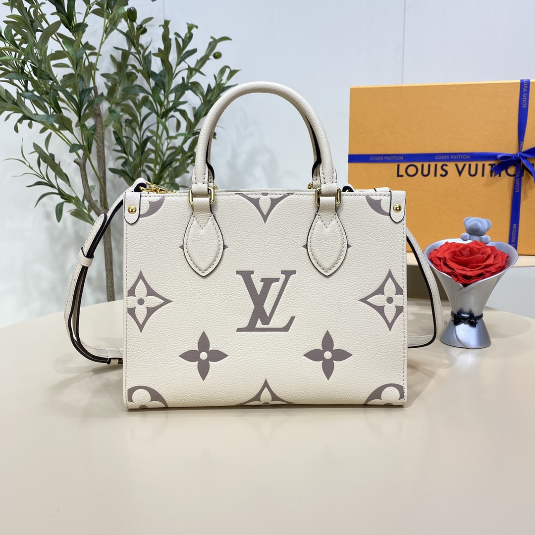 Louis Vuitton LV Onthego Sacos Bolsas Bege Branco Impressão Todo o Aço Couro de vaca Mini M45654