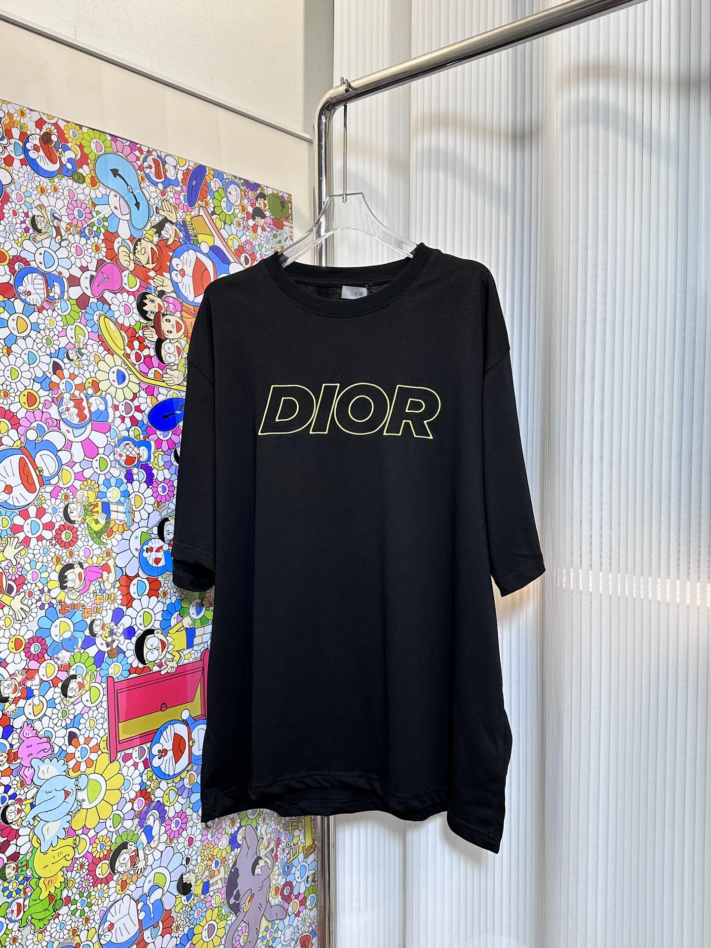 Dior Abbigliamento T-Shirt Nero Bianco Ricamo Cotone Lavorazione a maglia Maniche corte