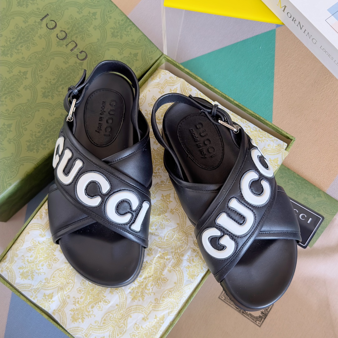 Gucci Buty Letnie kapcie Czarny Biały Unisex Kobiety Mężczyźni Skóra krowia TPU